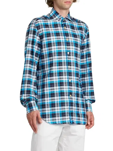 Kiton Men's Bold Plaid Cotton Shirt - Sky Blue - Size 16.5 | Thumbnail 4