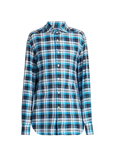 Kiton Men's Bold Plaid Cotton Shirt - Sky Blue - Size 16.5 | Thumbnail 1