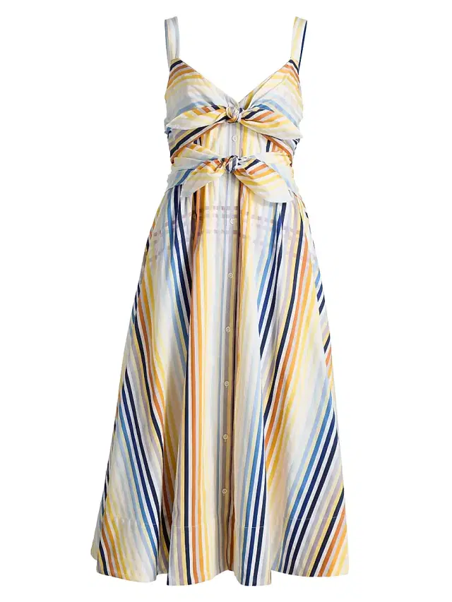 Toccin Women's Wren Striped Double-Tie Cotton Midi-Dress - Sunset