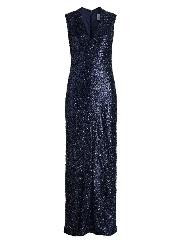 Atelier Prabal Gurung Women's Eva Sequined V-Neck Sheath Gown - Midnight