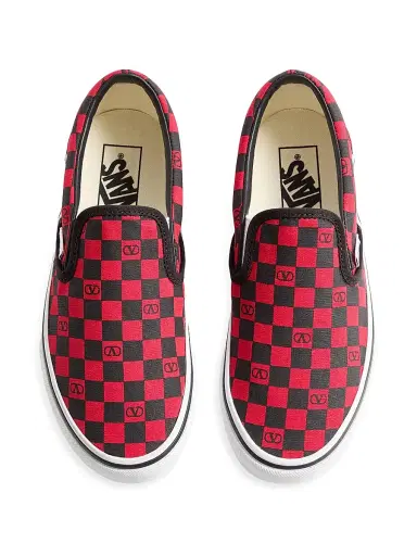 Valentino Garavani Women's and Vans Slip-On Sneakers in Fabric with VLogo Checkerboard Print - Rouge Pur Black | Thumbnail 4