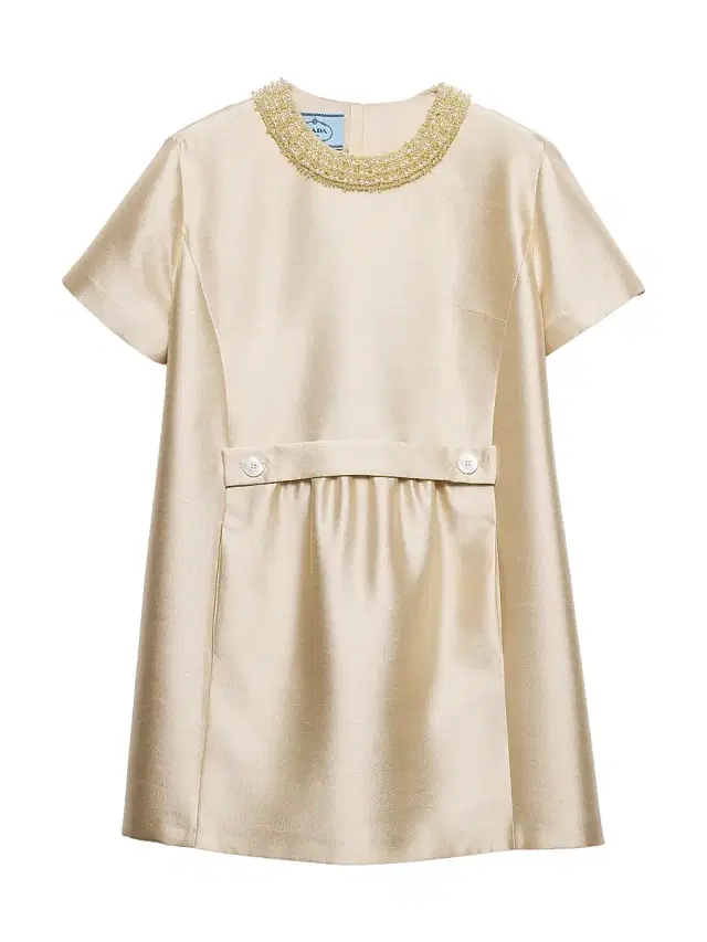 Women's Embroidered Double Shantung Dress - Beige Khaki