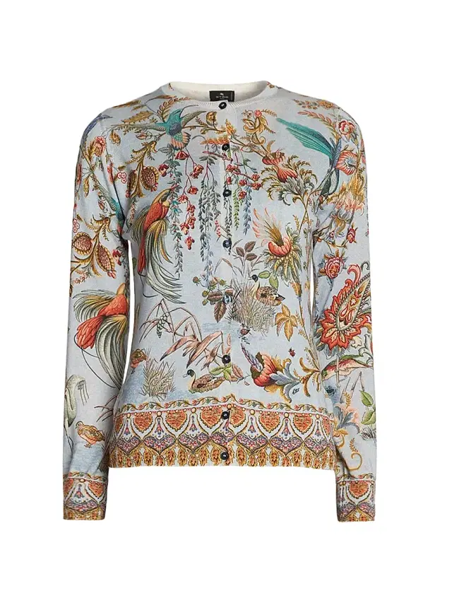 Women's Avian Paisley Silk Slim-Fit Cardigan - Multicolor Azzurro