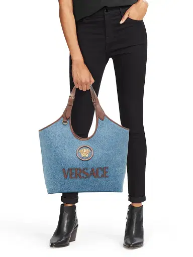 Versace Women's Medusa Logo Denim Tote Bag - Denim Vintage Brown Gold | Thumbnail 2 Versace Women's Medusa Logo Denim Tote Bag - Denim Vintage Brown Gold | Thumbnail 2