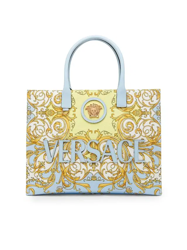Women's Baroque Print Logo Tote Bag - Pastel Blue Multi  Gold