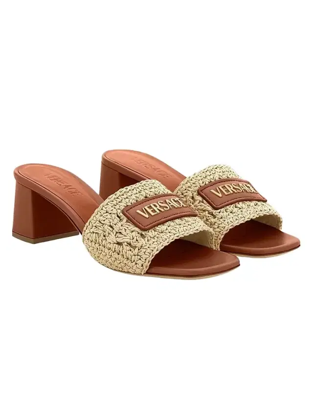 Versace Women's 55MM Logo Leather Mules - Natural Ambrer  Gold