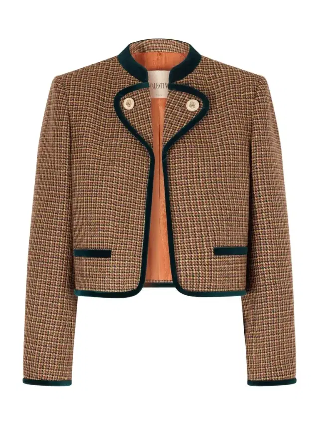 Cropped Velvet-trimmed Houndstooth Wool Jacket