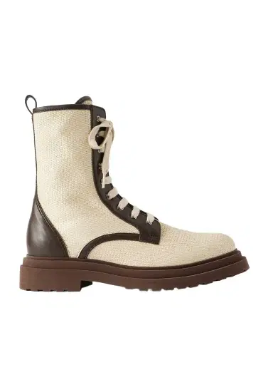 Brunello Cucinelli Lace-up Leather-trimmed Raffia Boots | Thumbnail 1 Brunello Cucinelli Lace-up Leather-trimmed Raffia Boots | Thumbnail 1