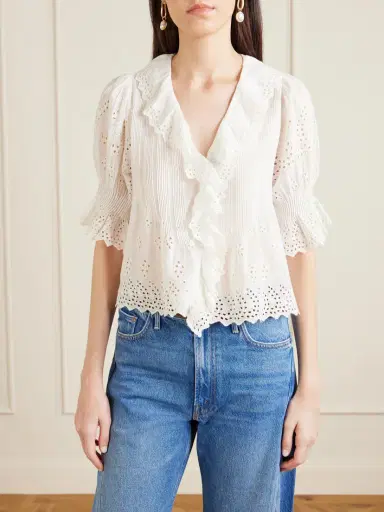 DÔEN Henri Ruffled Pintucked Broderie Anglaise Cotton Top | Thumbnail 3 DÔEN Henri Ruffled Pintucked Broderie Anglaise Cotton Top | Thumbnail 3