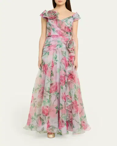 Rickie Freeman for Teri Jon Pleated Off-Shoulder Floral-Print Organza Gown | Thumbnail 2 Rickie Freeman for Teri Jon Pleated Off-Shoulder Floral-Print Organza Gown | Thumbnail 2