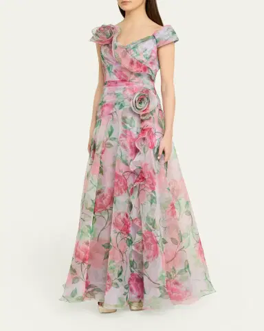 Rickie Freeman for Teri Jon Pleated Off-Shoulder Floral-Print Organza Gown | Thumbnail 4 Rickie Freeman for Teri Jon Pleated Off-Shoulder Floral-Print Organza Gown | Thumbnail 4