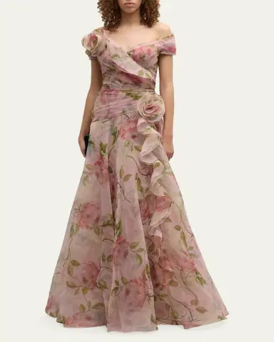 Rickie Freeman for Teri Jon Pleated Off-Shoulder Floral-Print Organza Gown | Thumbnail 6 Rickie Freeman for Teri Jon Pleated Off-Shoulder Floral-Print Organza Gown | Thumbnail 6