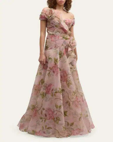 Rickie Freeman for Teri Jon Pleated Off-Shoulder Floral-Print Organza Gown | Thumbnail 8 Rickie Freeman for Teri Jon Pleated Off-Shoulder Floral-Print Organza Gown | Thumbnail 8