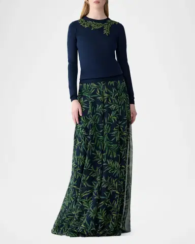 Carolina Herrera Olive Branch Embroidered Silk-Cotton Crewneck Sweater | Thumbnail 5 Carolina Herrera Olive Branch Embroidered Silk-Cotton Crewneck Sweater | Thumbnail 5