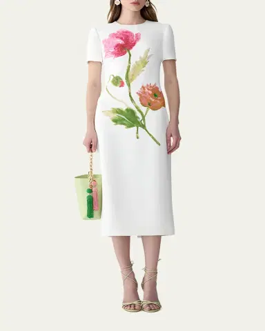Carolina Herrera Flower-Print Crepe Short-Sleeve Midi Dress | Thumbnail 2