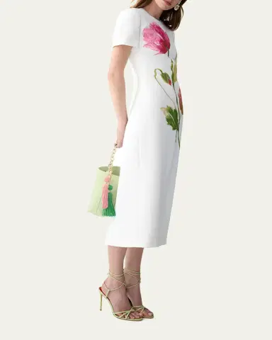 Carolina Herrera Flower-Print Crepe Short-Sleeve Midi Dress | Thumbnail 4