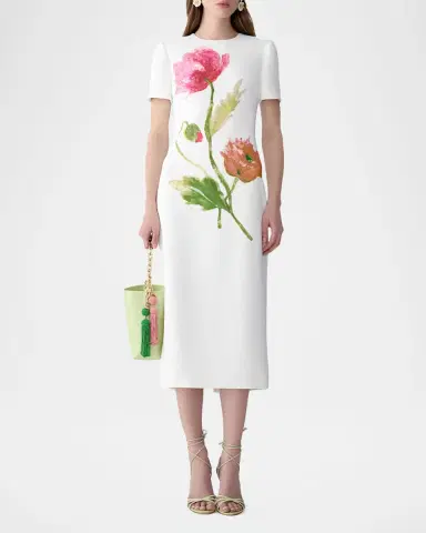 Carolina Herrera Flower-Print Crepe Short-Sleeve Midi Dress | Thumbnail 5