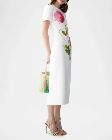 Carolina Herrera Flower-Print Crepe Short-Sleeve Midi Dress | Thumbnail 7