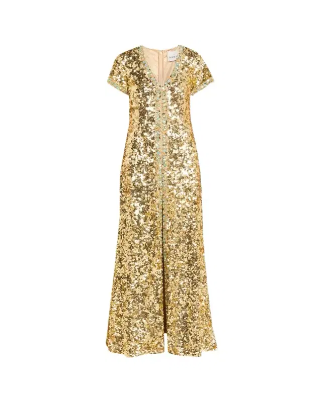 Atelier Prabal Gurung Verushka Crystal Sequined Short-Sleeve Slit Gown