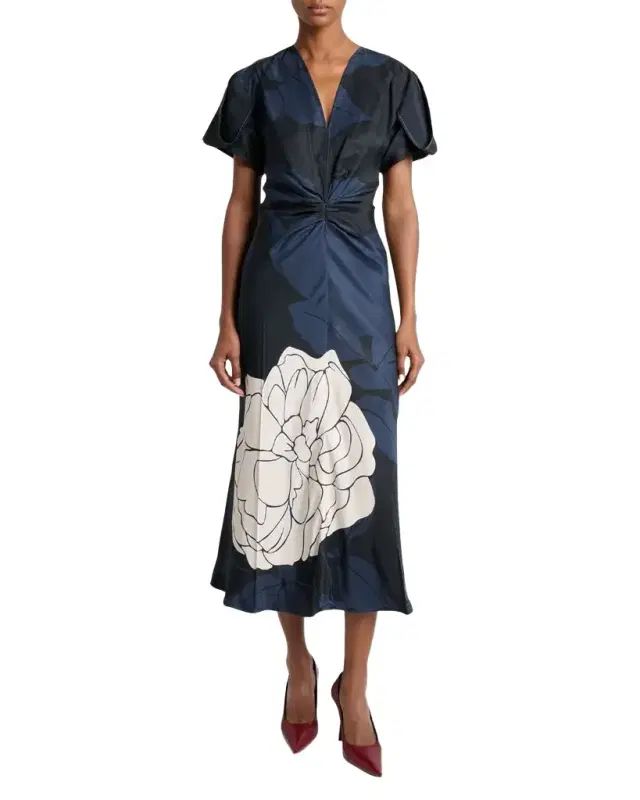 Eve Floral-Print Twill Gathered-Waist Midi Dress
