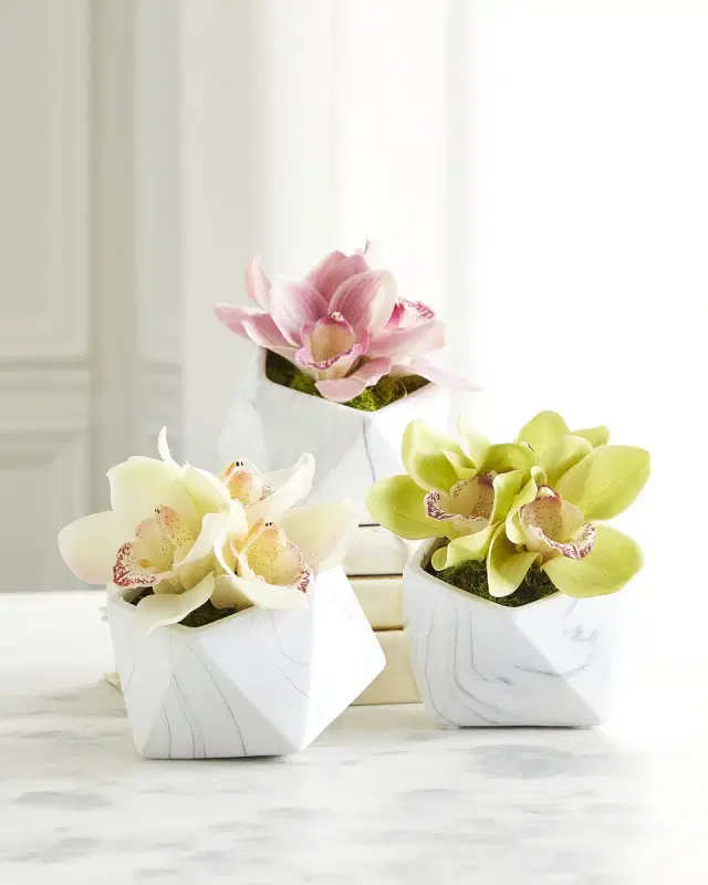 T & C Floral Company Orchid Faux Florals in Ceramic Geometric Pot - 12"