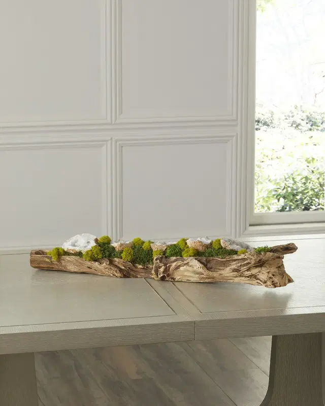 T & C Floral Company Preserved Moss and Geodes Garden in Hand-Carved Wood Log - 36"