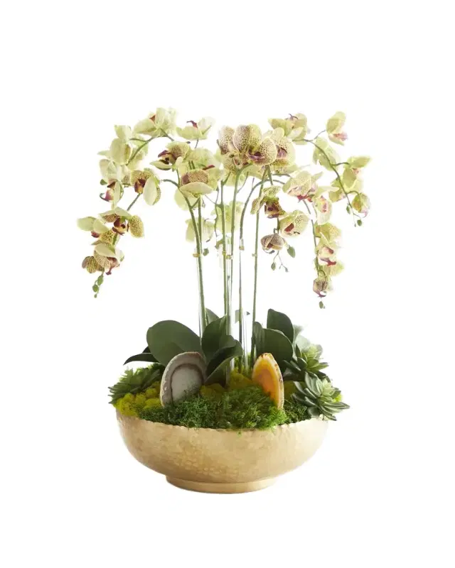 T & C Floral Company Orchid Faux Florals in Gold Hammered Metal Bowl with Selenite & Agate Slabs - 24"