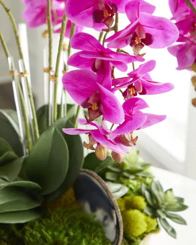 T & C Floral Company Orchid Faux Florals in Gold Hammered Metal Bowl with Selenite & Agate Slabs - 24" | Thumbnail 2 T & C Floral Company Orchid Faux Florals in Gold Hammered Metal Bowl with Selenite & Agate Slabs - 24" | Thumbnail 2