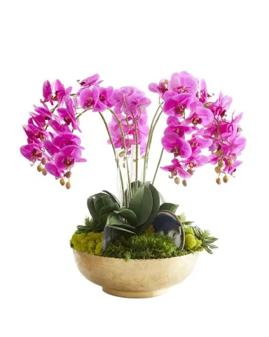 T & C Floral Company Orchid Faux Florals in Gold Hammered Metal Bowl with Selenite & Agate Slabs - 24" | Thumbnail 1 T & C Floral Company Orchid Faux Florals in Gold Hammered Metal Bowl with Selenite & Agate Slabs - 24" | Thumbnail 1
