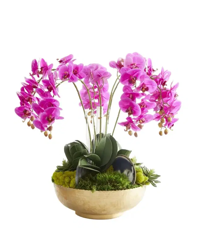 T & C Floral Company Orchid Faux Florals in Gold Hammered Metal Bowl with Selenite & Agate Slabs - 24"