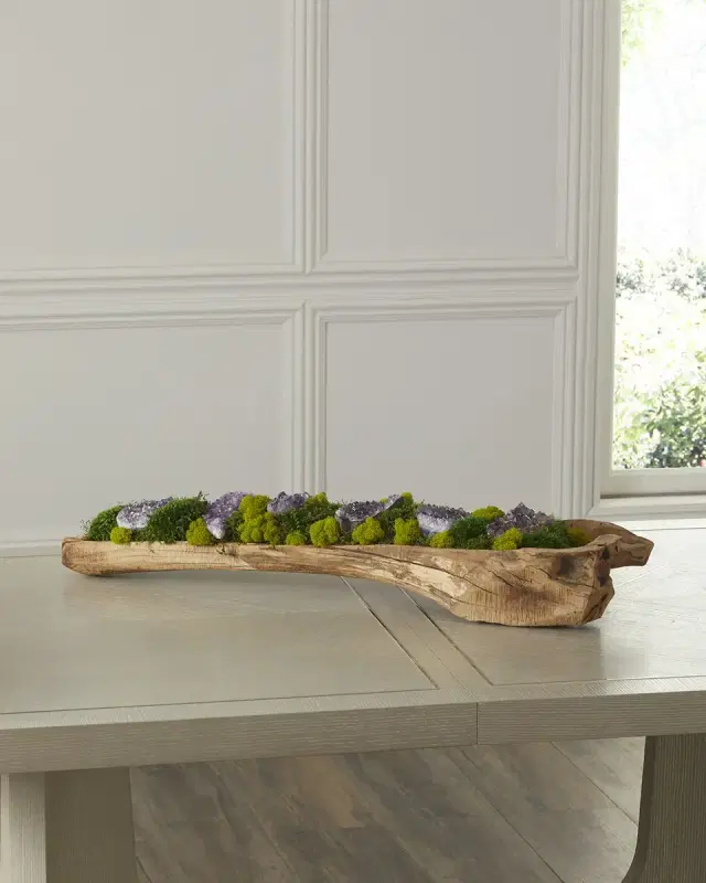 T & C Floral Company Preserved Moss and Geodes Garden in Hand-Carved Wood Log - 36"