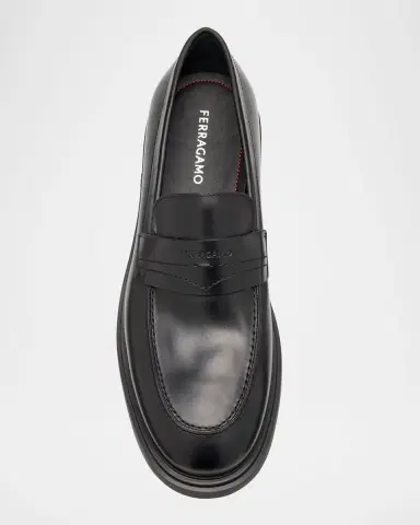 Ferragamo Men's Leather Rubber-Sole Penny Loafers | Thumbnail 5