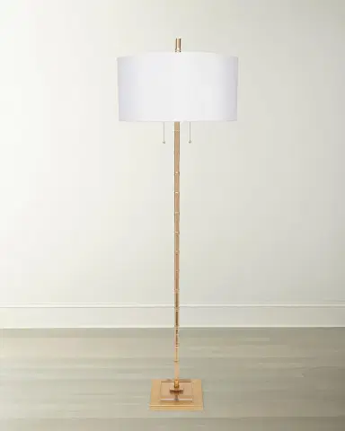 Old World Design Sheffler Gold Leaf Bamboo Floor Lamp with Linen Shade | Thumbnail 2