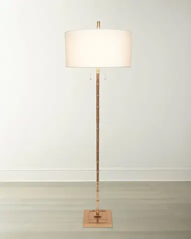 Old World Design Sheffler Gold Leaf Bamboo Floor Lamp with Linen Shade | Thumbnail 1
