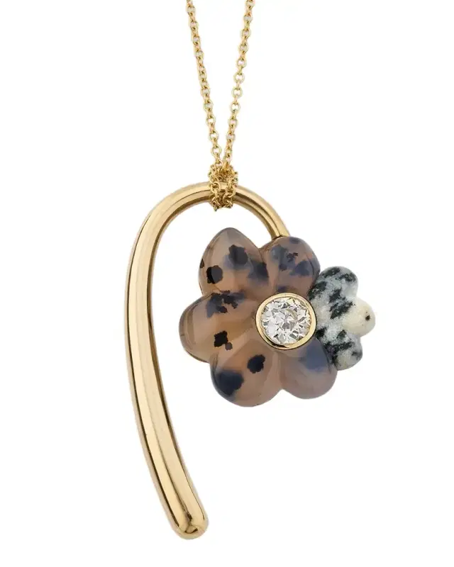 Large Flora Pendant Necklace with Hand Carved Dendrite and Leopard Jasper