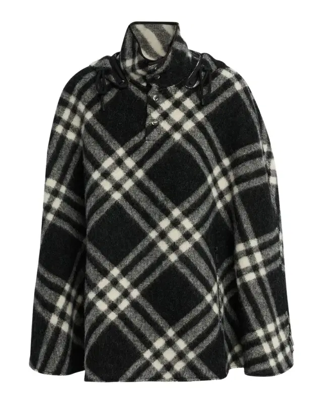 St. Neve Check Wool Poncho with Detachable Hood
