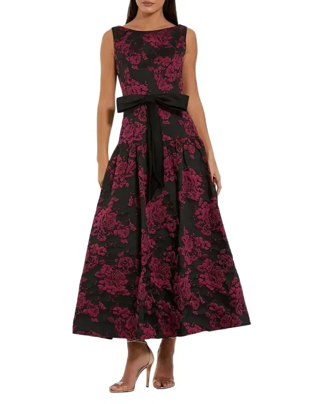 Mac Duggal Satin Bow-Waist Floral Brocade Midi Dress