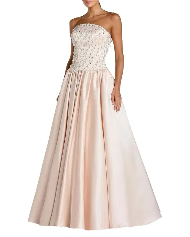 Mac Duggal Satin Beaded Drop-Waist Strapless Ballgown