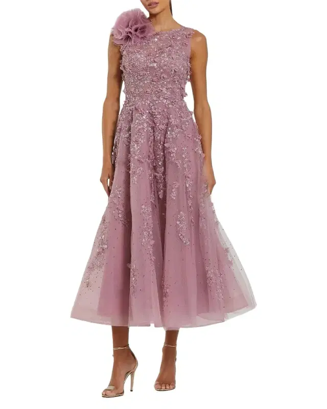 Cocktail Beaded Fit-and-Flare Midi Dress