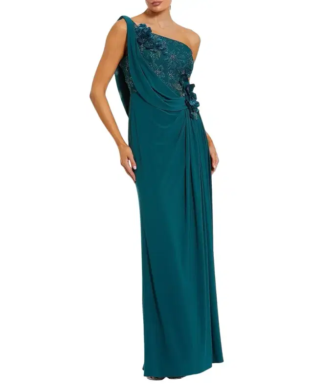 Mac Duggal Draped One-Shoulder Beaded Jersey Gown