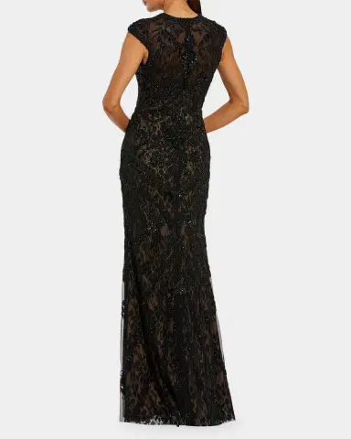 Mac Duggal Beaded Lace Cap-Sleeve Column Gown | Thumbnail 3 Mac Duggal Beaded Lace Cap-Sleeve Column Gown | Thumbnail 3