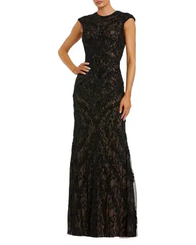 Mac Duggal Beaded Lace Cap-Sleeve Column Gown | Thumbnail 1 Mac Duggal Beaded Lace Cap-Sleeve Column Gown | Thumbnail 1