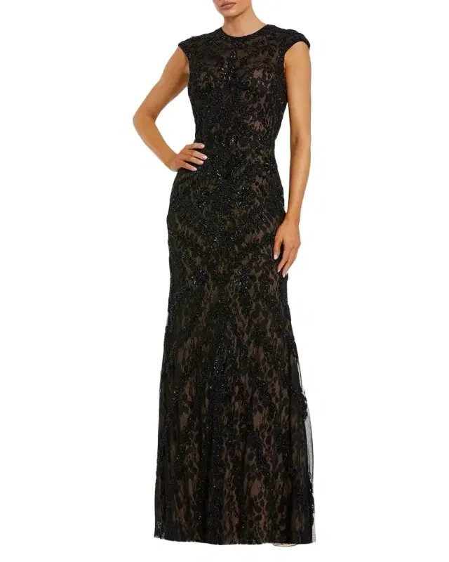 Mac Duggal Beaded Lace Cap-Sleeve Column Gown