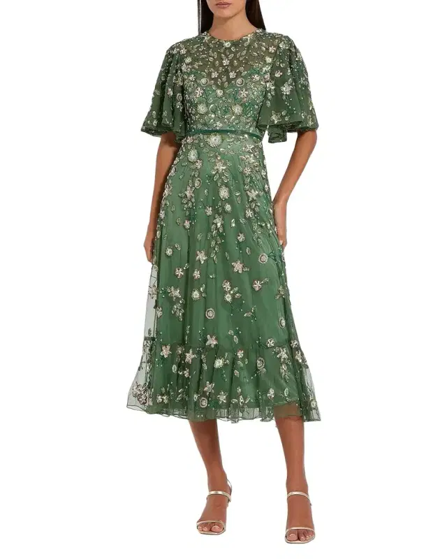 Mac Duggal Floral Beaded Mesh Midi Dress