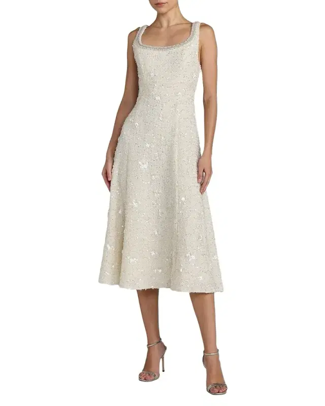 Mac Duggal Boucle Embellished Square Neck A-Line Midi Dress