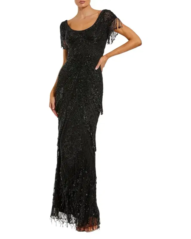 Mac Duggal Beaded Fringe Column Gown