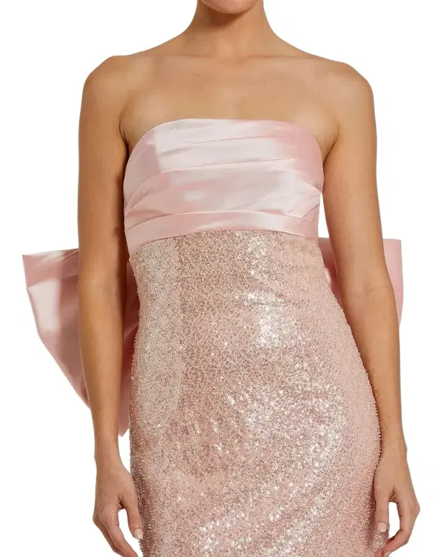 Strapless Bow-Back Sequin Column Gown
