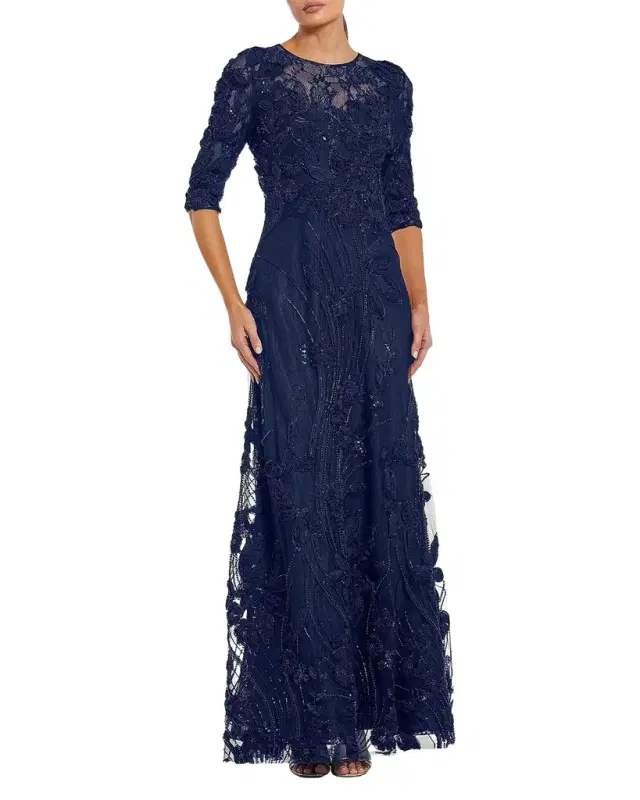 Mac Duggal Beaded Floral Applique Lace Gown