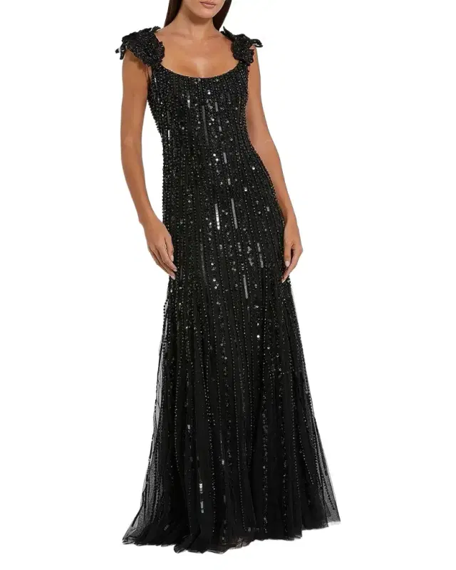 Mac Duggal Evening Beaded Floral Mesh Gown