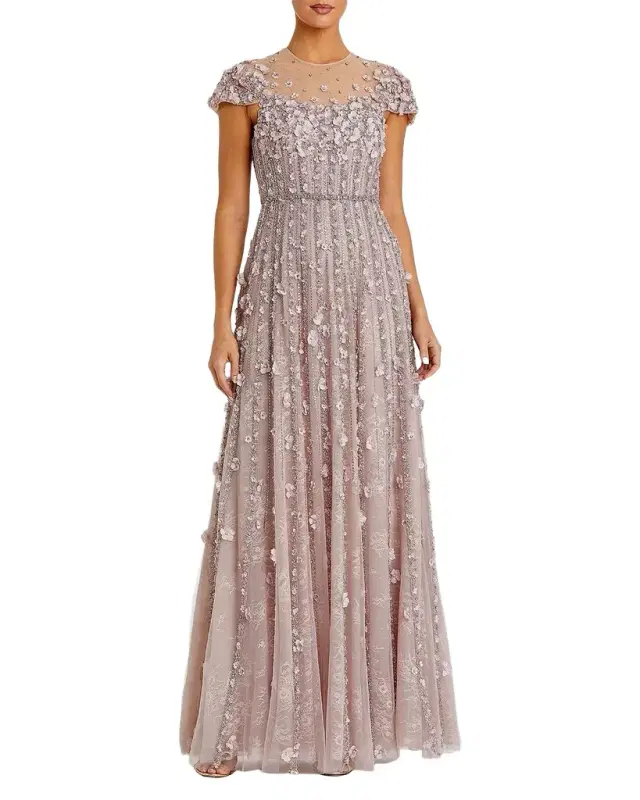 Mac Duggal Embellished Illusion-Neck Mesh Evening Gown